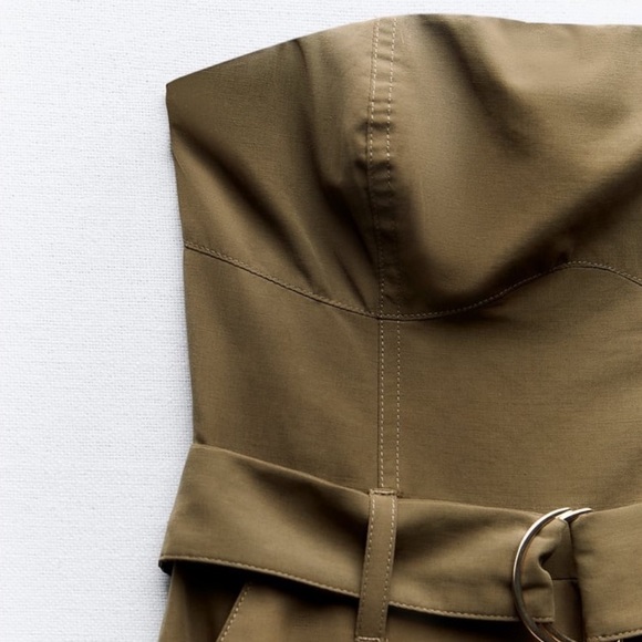 NWT. Zara Khaki Cotton Blend Strapless Cargo Belted Jumpsuit. Size M. - Picture 7 of 11
